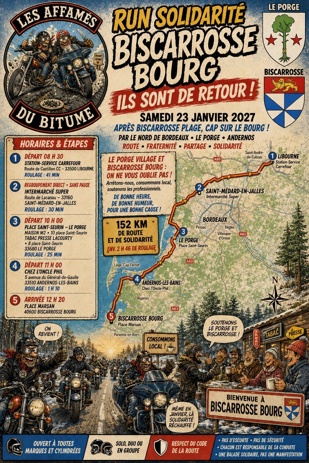 Seconde affiche illustrée du Run Solidarité Biscarrosse Bourg du 23 janvier 2027.