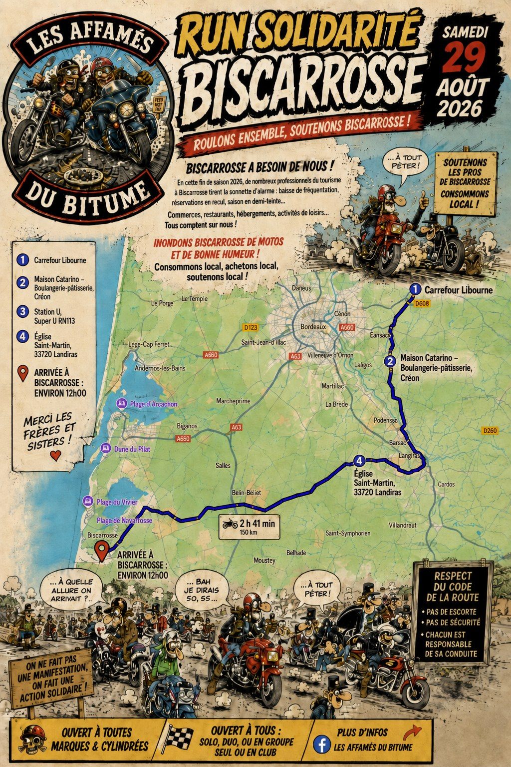 Affiche illustrée du Run Solidarité Biscarrosse du 29 août 2026, avec la carte du parcours et les quatre points de départ.