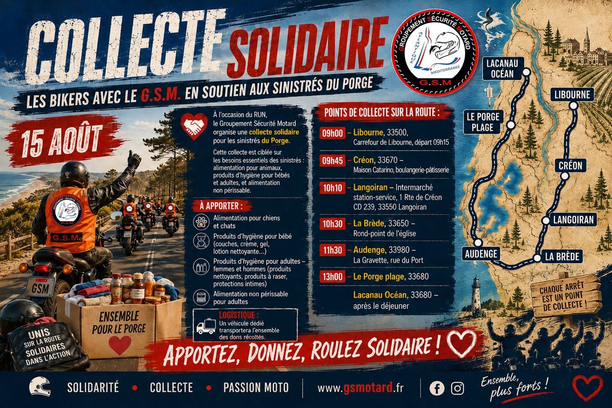 Affiche de la collecte solidaire avec le Groupement Sécurité Motard.