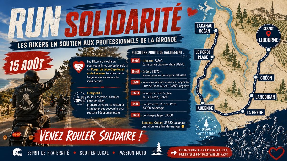 Affiche du Run Solidarité du 15 août 2026 : les bikers en soutien aux professionnels de la Gironde, avec les points de ralliement et la carte du parcours.
