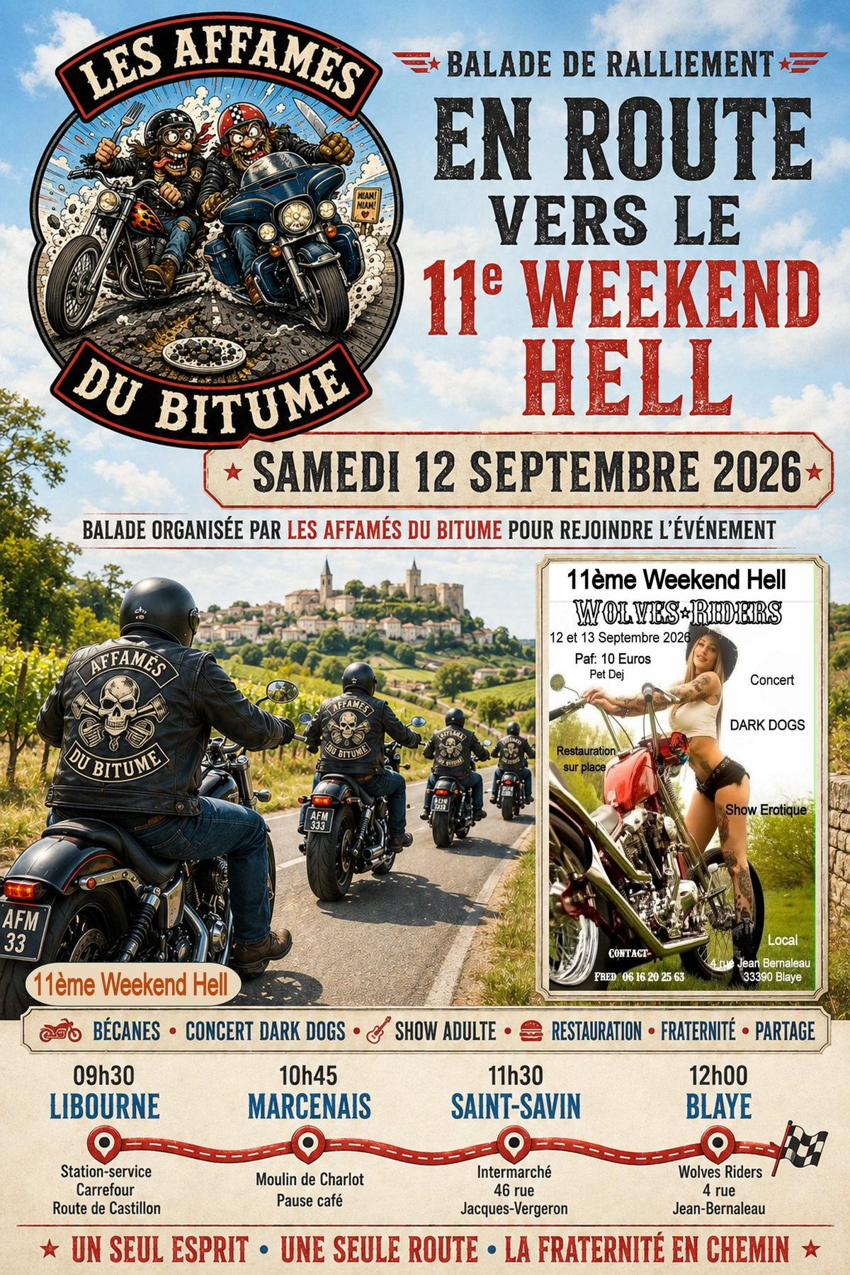 Affiche — 11ᵉ Weekend Hell des Wolves Riders, samedi 12 septembre 2026, Les Affamés du Bitume.